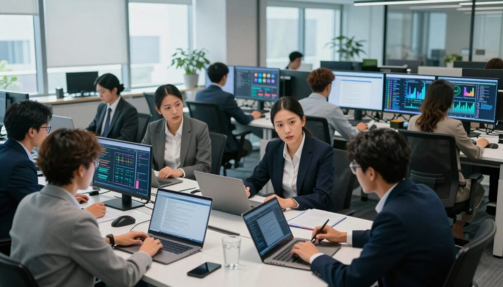 A busy media newsroom, capturing the essence of media work with multiple journalists actively engaged in various tasks. In the foreground, a diverse group of professionals in business attire is discussing strategy over laptops and notepads, showcasing collaboration. The middle ground features large screens displaying graphs and news feeds, symbolizing data analysis and broadcasting. The background reveals a modern office with large windows, letting in natural light that creates a bright and dynamic atmosphere. Use a wide-angle lens to emphasize the collaborative environment, with a cool color palette reflecting professionalism. The mood is focused yet energetic, illustrating the strategic and communicative nature of modern media operations.