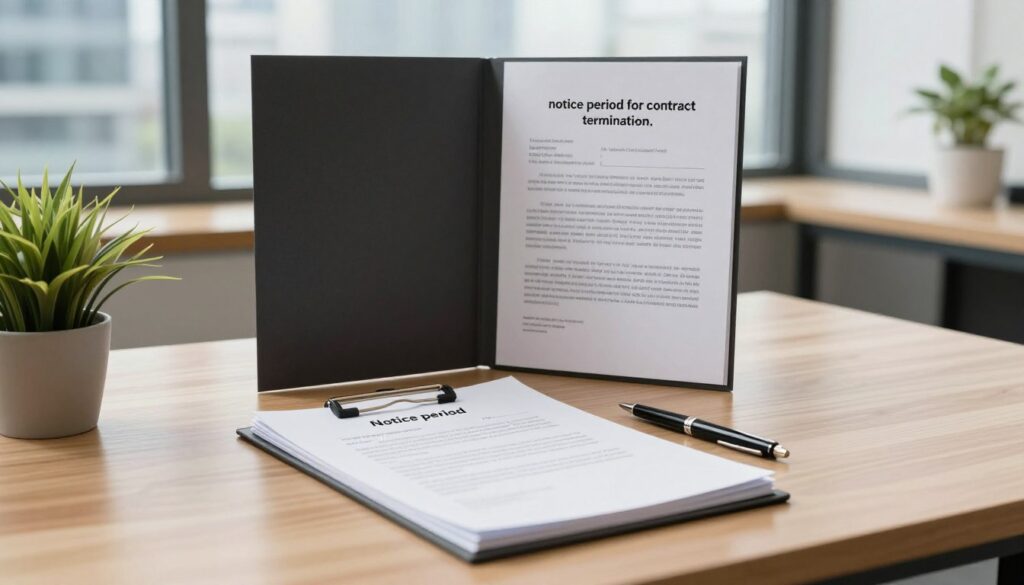 A calm office scene illustrating the concept of "notice period for contract termination." In the foreground, a well-organized wooden desk with a neatly stacked contract document, a pen, and a small potted plant, suggesting professionalism. In the middle ground, an open folder displays another contract with highlighted sections emphasizing the notice period. In the background, a window with soft natural light filtering in, casting gentle shadows, and a cityscape view outside, symbolizing connectivity. The overall mood is informative and tranquil, conveying a sense of order and clarity. The focus is on showcasing the elements related to contract termination in a clean, professional environment, with no people present. A calm office scene illustrating the concept of "notice period for contract termination." In the foreground, a well-organized wooden desk with a neatly stacked contract document, a pen, and a small potted plant, suggesting professionalism. In the middle ground, an open folder displays another contract with highlighted sections emphasizing the notice period. In the background, a window with soft natural light filtering in, casting gentle shadows, and a cityscape view outside, symbolizing connectivity. The overall mood is informative and tranquil, conveying a sense of order and clarity. The focus is on showcasing the elements related to contract termination in a clean, professional environment, with no people present.