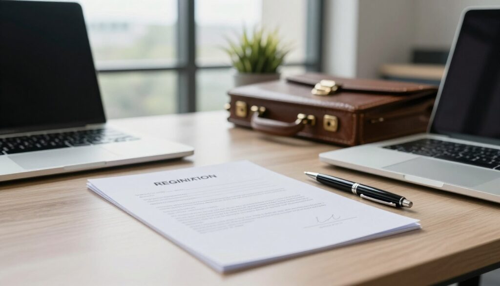 A close-up view of a professional workspace featuring a neatly arranged desk with a formal resignation letter and a pen, surrounded by a laptop, a briefcase, and a potted plant. The desk is in a modern office setting, with large windows in the background allowing soft, natural light to filter through, casting gentle shadows. The resignation letter is printed on high-quality paper and has a clean layout, showcasing a header with an address and a signature line at the bottom, emphasizing clarity and professionalism. The overall atmosphere is calm and serious, reflecting the important nature of the subject. The composition focuses on the desk's details, captured with a lens that provides a slight depth of field, keeping the background slightly blurred to enhance the foreground.