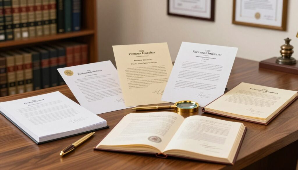 A collection of various types of notarial acts displayed on a polished wooden desk in a well-lit office environment. In the foreground, showcase an elegant open notarial book with pages showing official seals and signatures. In the middle, include a selection of diverse legal documents, such as property deeds, powers of attorney, and wills, neatly arranged alongside golden pens and a magnifying glass. In the background, depict a soft-focus bookshelf filled with law books and framed certificates on the wall, emphasizing a professional atmosphere. The lighting is warm and inviting, creating a sense of trust and authority. The angle is slightly elevated, offering a comprehensive view of the content while maintaining a clean, sophisticated aesthetic.