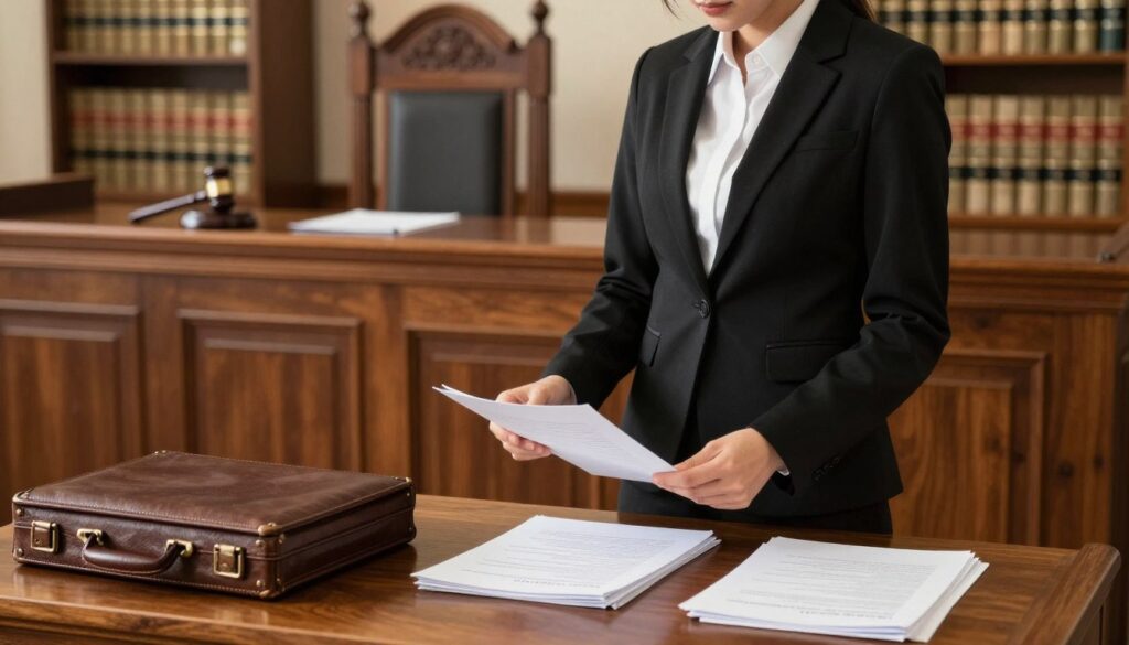 A confident legal representative in professional business attire stands beside a wooden courtroom table, reviewing documents and legal files. The foreground features well-organized papers and a stylish briefcase, while the background reveals a traditional courtroom setting with ornate wood paneling, a gavel on the judge's bench, and shelves filled with law books. Soft, warm lighting illuminates the scene, casting gentle shadows and creating a serious yet focused atmosphere. The angle is slightly above eye level, capturing the intensity and determination of the legal professional as they prepare to advocate for their client in court. Overall, the composition conveys the critical role and responsibility of an attorney in judicial proceedings. A confident legal representative in professional business attire stands beside a wooden courtroom table, reviewing documents and legal files. The foreground features well-organized papers and a stylish briefcase, while the background reveals a traditional courtroom setting with ornate wood paneling, a gavel on the judge's bench, and shelves filled with law books. Soft, warm lighting illuminates the scene, casting gentle shadows and creating a serious yet focused atmosphere. The angle is slightly above eye level, capturing the intensity and determination of the legal professional as they prepare to advocate for their client in court. Overall, the composition conveys the critical role and responsibility of an attorney in judicial proceedings.