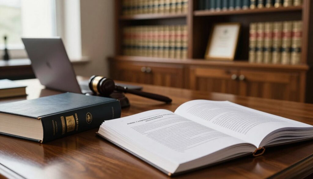 A detailed depiction of legal documents illustrating the concept of "ustawy i rozporządzenia z mocą ustawy," set in an elegant, professional office environment. In the foreground, a stack of important legal books, opened to reveal documents rich with text and annotations. In the middle ground, a polished wooden desk holds a gavel and a laptop, symbolizing the legal profession's tools. In the background, a large bookshelf filled with law-related volumes and framed legal certificates decorates the space, softly illuminated by warm, natural light streaming through a window. The atmosphere is serious yet inviting, conveying a sense of authority and expertise in Polish legal matters. Use a realistic lens, focusing on the documents while maintaining a shallow depth of field to emphasize the intricacies of legal writing.