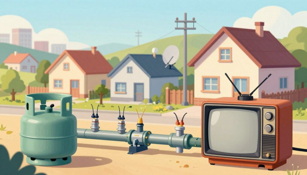 A detailed illustration of different types of media, prominently featuring natural gas, electricity, and RTV subscription services. In the foreground, a stylized representation of gas pipelines, electrical wires, and a retro television set to symbolize their respective media types. In the middle ground, there could be modern homes powered by sustainable sources, with visible gas meters and satellite dishes. The background should feature a serene landscape blending urban and rural environments, depicting a harmonious coexistence of technology and nature. Soft, warm lighting to create an inviting, informative atmosphere. The angle should provide a comprehensive view, emphasizing the relationship between these media types, while ensuring a clean and professional aesthetic throughout the scene.