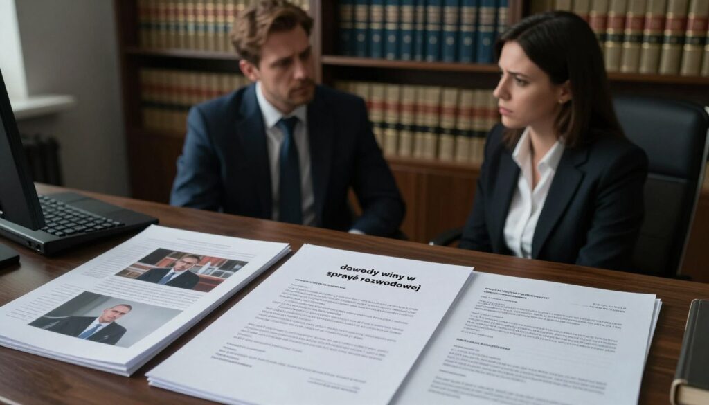 A detailed office scene capturing the essence of "dowody winy w sprawie rozwodowej". In the foreground, a neatly organized desk displays various legal documents, including photographs of evidence, printed emails, and text message transcripts, all under soft, diffused lighting that adds a dramatic tension. The middle ground features a somber, professional-looking man and woman in business attire, engaged in a serious discussion, their expressions reflective of conflict and concern. The background shows shelves filled with law books, imparting a sense of gravity and formality. The overall mood is intense and contemplative, with shadows adding depth, conveying the emotional weight of documenting betrayal and conflict in a divorce setting. The camera angle is slightly tilted, enhancing the atmosphere of unease.