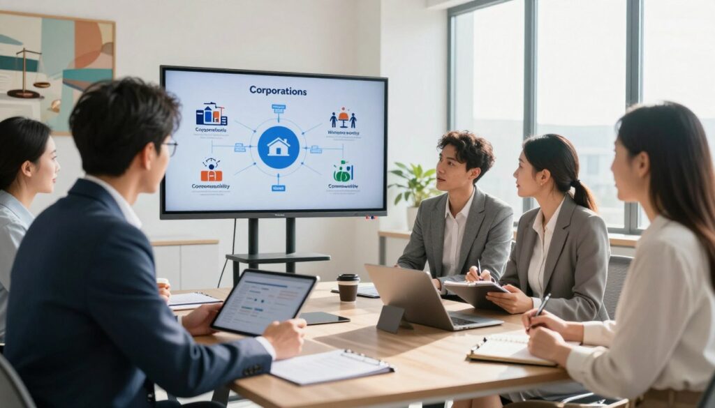 A diverse group of professionals gathered in a well-lit, modern office space, engaged in a discussion about various legal entities. In the foreground, a man in a tailored suit and a woman in a smart business dress are looking at a digital tablet, while a confident woman in business casual is taking notes with a notepad. In the middle ground, a large screen displays visual representations of different legal entities like corporations, schools, and communities, with diagrams and icons symbolizing each type. The background features abstract artwork related to law and finance, while sunlight streams through large windows, creating a bright, optimistic atmosphere. The scene is captured from a slight angle, giving a sense of depth and engagement in the discussion.