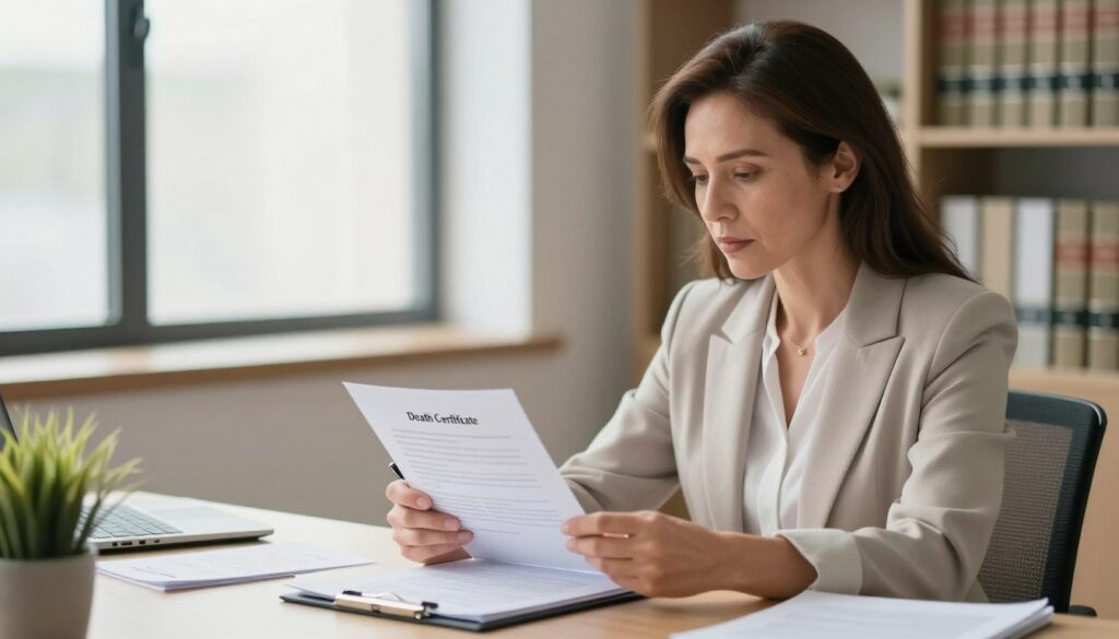 A focused scene in a bright, professional office setting that conveys a sense of calm and seriousness. In the foreground, a middle-aged woman in modest, professional business attire sits at a desk, looking thoughtfully at a document titled "Death Certificate." She holds a pen poised to sign. In the middle, an open folder containing legal papers and a small plant adding a touch of warmth. The background features a window allowing soft, natural light to illuminate the space, with blurred shelves filled with legal books, suggesting an atmosphere of formality and trust. The overall mood is one of professionalism and respect for the solemnity of the task at hand, with no distractions or text present.