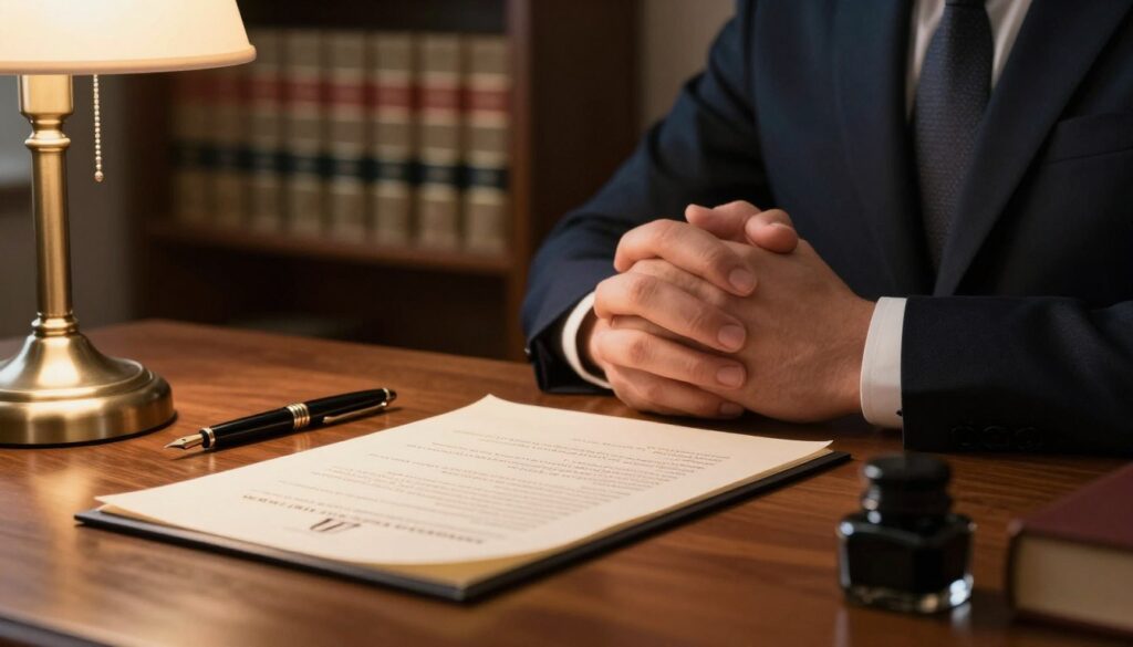 A formal setting depicting the essential elements of a valid testament. In the foreground, a detailed wooden desk with an open legal document partially illuminated by soft, warm lighting from a vintage lamp, casting gentle shadows. Beside the document, a fountain pen and an inkpot, symbolizing the act of signing. In the middle ground, a pair of clasped hands wearing professional attire, showing a focus on solemnity and intent. The background features a bookshelf filled with law books, hinting at the legal context, with a soft-focus effect to emphasize the foreground elements. The overall mood is serious and respectful, reflecting the importance of formal testament requirements, enriched by the warm glow of the lighting.