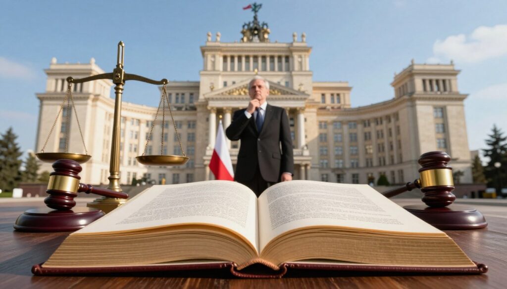 A majestic representation of the Constitution as the foundation of the legal system in Poland. In the foreground, an open book symbolizes the Constitution, with intricate gold detailing and pages slightly fluttering, catching the soft light. Surrounding the book, polished wooden scales of justice signify balance and fairness. In the middle ground, a distinguished figure in formal business attire stands beside the book, looking contemplative and engaged with the ideals of law, flanked by symbolic elements like a gavel and the Polish flag. The background features a grand, classical government building with tall columns and a clear blue sky. The lighting is warm, creating an inspiring and authoritative atmosphere to reflect the significance of the Constitution in the legal hierarchy.