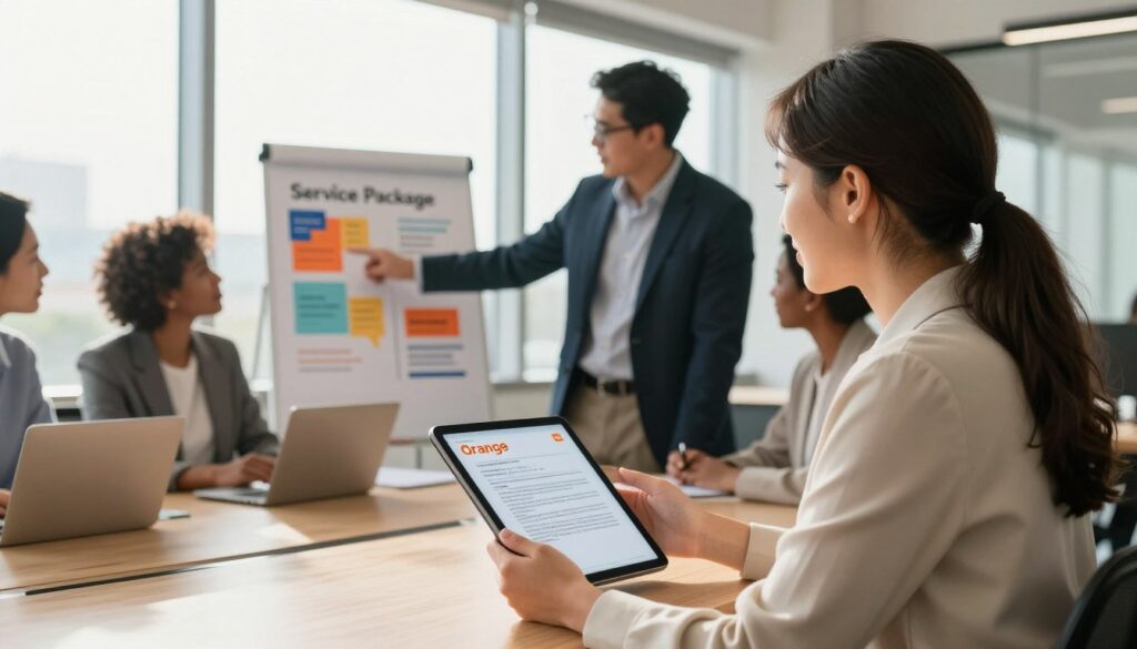 A modern and professional office setting showcasing a diverse group of business professionals engaged in a discussion about service packages from Orange. In the foreground, a woman in business attire examines a digital tablet displaying contract details. In the middle ground, a man in a suit gestures towards a colorful infographic highlighting optimal solutions for Orange contracts. The background features large windows with natural sunlight streaming in, creating a warm and inviting atmosphere. The lighting is bright yet soft, conveying a sense of collaboration and innovation. The overall mood is focused and optimistic, embodying a proactive approach to resolving contract negotiations.