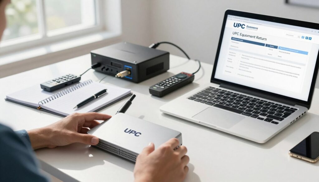 A modern home office setting featuring a desk with a sleek laptop open to a UPC equipment return form. In the foreground, a pair of hands gently handling a UPC modem and set-top box, both clearly labeled. In the middle, a well-organized workspace with a notepad, a pen, and various UPC equipment, such as cables and remote controls, arranged neatly. The background shows a window with natural light streaming in, casting soft shadows, suggesting a calm afternoon ambiance. The color palette should reflect professional tones—blues, grays, and whites. The overall mood is orderly and focused, underscoring the theme of returning equipment and fulfilling formal requirements in a straightforward manner.