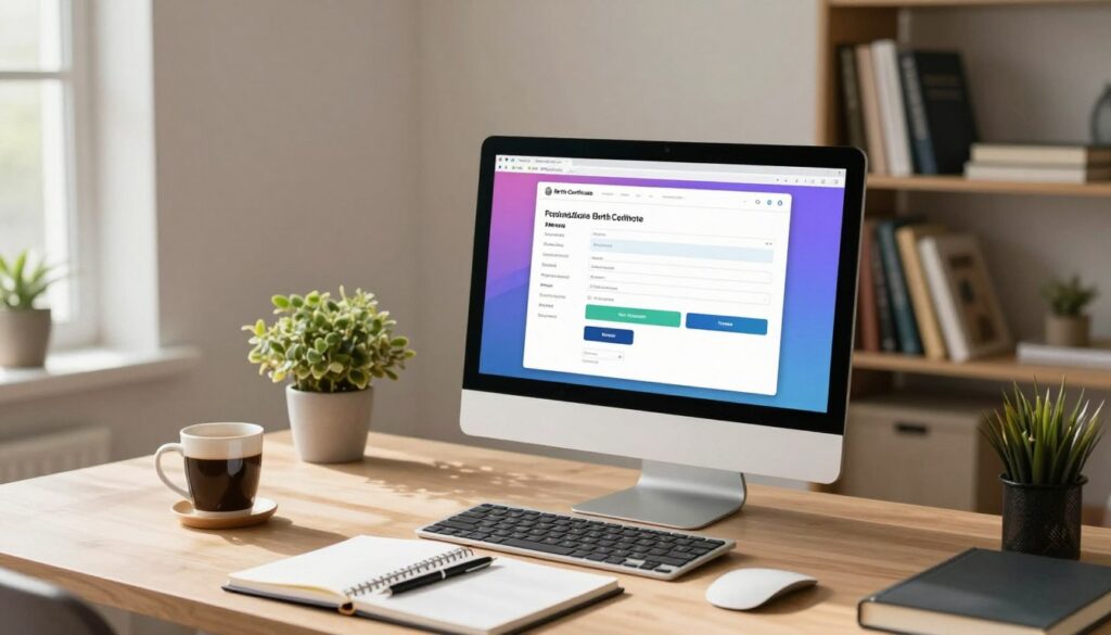 A modern, inviting home office setting with a sleek desk, a computer displaying a digital application form for obtaining a birth certificate. In the foreground, a cup of coffee and a notepad with a pen sit on the desk, symbolizing a productive environment. In the middle, the computer screen is focused, clearly showing a user-friendly online form interface, with colorful graphics and buttons indicating the steps to apply. The background features a light-colored wall with a small indoor plant and a bookshelf filled with reference materials, enhancing the professional atmosphere. Soft, natural light streams in through a nearby window, creating a warm and welcoming mood. The angle is slightly elevated to capture the essence of the workspace, emphasizing a sense of efficiency and accessibility.