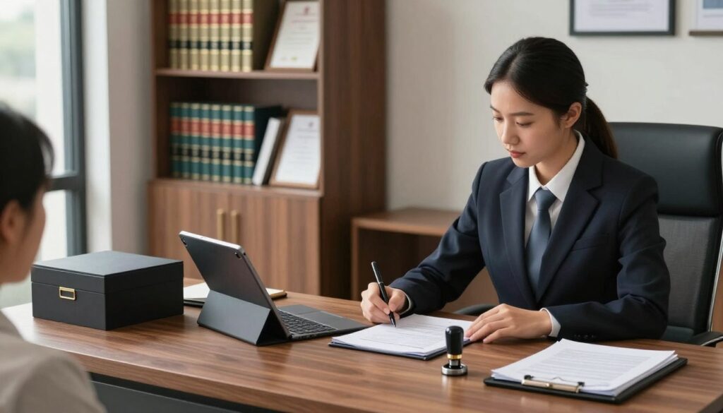 A modern notary office scene that embodies security and professionalism. In the foreground, a well-dressed notary public, wearing a tailored suit, is seated at an elegant wooden desk, reviewing legal documents with a focused expression. The middle layer features various modern office tools like a sleek digital tablet, a secure document storage box, and a contemporary notary seal. In the background, a stylish bookshelf filled with law books and certificates displayed on the wall, emphasizing the office’s credibility. Soft, natural lighting spills through large windows, creating a warm yet professional atmosphere. The angle captures the notary engaging with clients, showcasing trust and modernity in notarial services.
