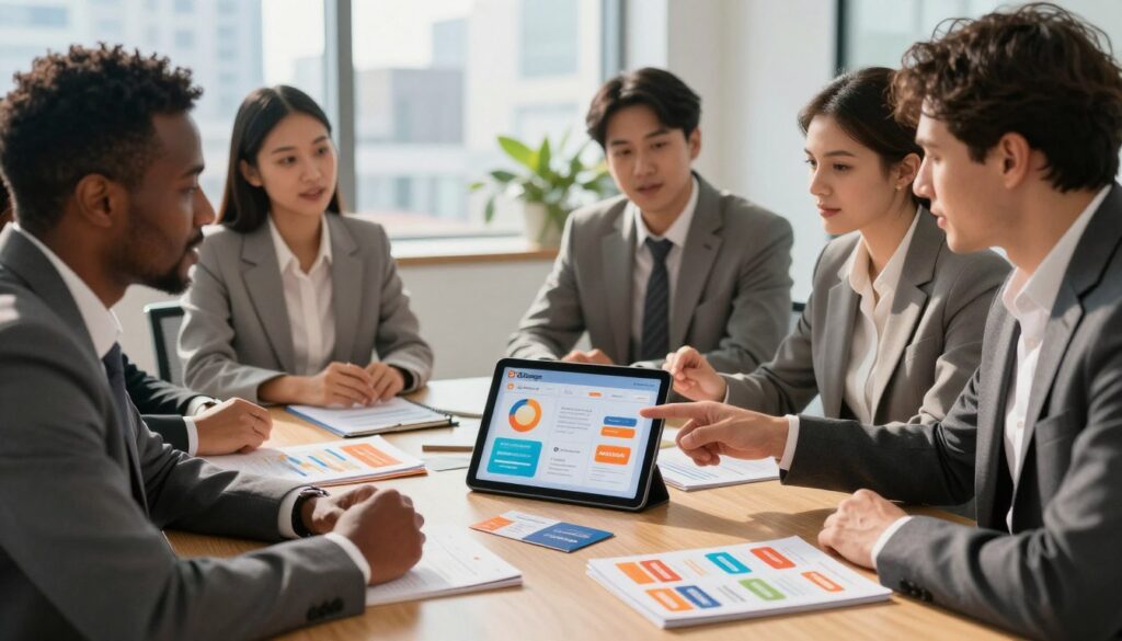 A modern office scene featuring a professional business meeting about additional services and bonuses offered by Orange. In the foreground, a diverse group of well-dressed individuals, including a middle-aged Black man, a young Asian woman, and a Caucasian man, are engaged in discussion, pointing at a digital tablet displaying vibrant graphs and service options. The middle layer showcases a sleek conference table cluttered with brochures and pamphlets highlighting various service packages, like mobile data plans and streaming bonuses. The background reveals large windows with a cityscape view, allowing natural sunlight to flood the room, creating a warm atmosphere. Soft focus on the background adds depth, while the overall lighting emphasizes a sense of positivity and professionalism.