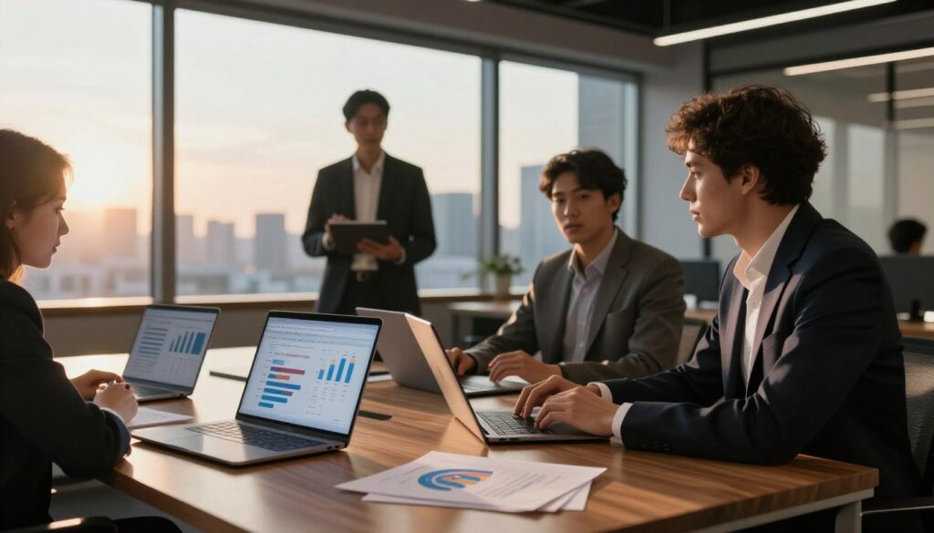 A modern, sleek office environment showcasing key aspects of contemporary media. In the foreground, a polished wooden table with laptops, tablets, and documents displaying graphs of audience reach and engagement. The middle ground features professionals in smart business attire engaged in a discussion, emphasizing collaboration and innovation. The background presents a large window with a cityscape view, illuminated by the warm glow of sunset, casting dynamic shadows. The lighting is soft yet focused, highlighting the details on the table and the faces of the professionals. The atmosphere is one of productivity and forward-thinking, capturing the essence of media’s impact in today's landscape.