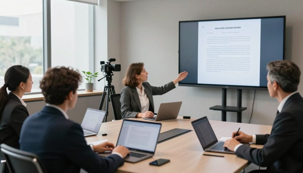A modern virtual court setting featuring a sleek conference room with a large digital screen displaying a legal document. In the foreground, a diverse group of participants in professional business attire are engaged in a remote hearing, intently focusing on their laptops. A middle-aged woman gestures towards the screen, while a middle-aged man takes notes, both radiating professionalism and engagement. The middle ground showcases a modern video conferencing setup with high-definition cameras and microphones, emphasizing the technological aspect of remote proceedings. The background captures a softly lit environment with neutral tones, enhancing a serious and focused atmosphere. Natural daylight filters through a large window, creating a calm, productive mood, ideal for legal proceedings. A modern virtual court setting featuring a sleek conference room with a large digital screen displaying a legal document. In the foreground, a diverse group of participants in professional business attire are engaged in a remote hearing, intently focusing on their laptops. A middle-aged woman gestures towards the screen, while a middle-aged man takes notes, both radiating professionalism and engagement. The middle ground showcases a modern video conferencing setup with high-definition cameras and microphones, emphasizing the technological aspect of remote proceedings. The background captures a softly lit environment with neutral tones, enhancing a serious and focused atmosphere. Natural daylight filters through a large window, creating a calm, productive mood, ideal for legal proceedings.