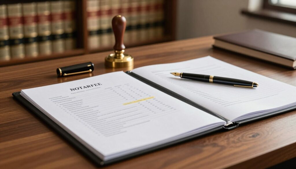 A neatly arranged notary fee schedule displayed on a polished wooden desk. In the foreground, a sophisticated open folder contains official documents, with some highlighted fees written down. The middle layer features a gleaming brass notary seal and an elegant fountain pen resting beside it. In the background, a well-organized office with bookshelves filled with legal texts, and soft, warm lighting creating a welcoming atmosphere. The scene is captured from a slightly elevated angle, enhancing the focus on the desk items while softly blurring the background elements. The overall mood is professional and inviting, emphasizing trust and reliability in notarial services.