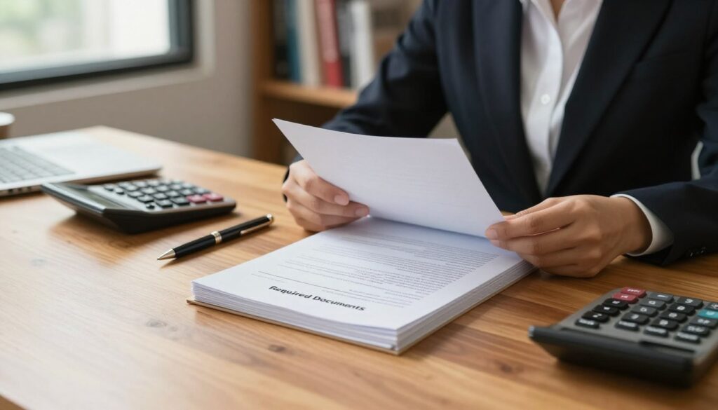 A neatly organized workspace showcasing essential documents for canceling a service contract. In the foreground, a polished wooden desk displays a stack of papers labeled "Required Documents," along with a pen and a calculator. The middle ground features a professional-looking individual dressed in smart business attire, intently reviewing the papers. The background reveals shelves filled with books and a soft-focus view of an office window letting in natural light, creating a calm and focused atmosphere. The lighting is warm and inviting, illuminating the documents, enhancing the sense of importance and diligence in preparing to resign from a contract. The camera angle is slightly above eye level, providing a clear view of the workspace while emphasizing the professional setting.