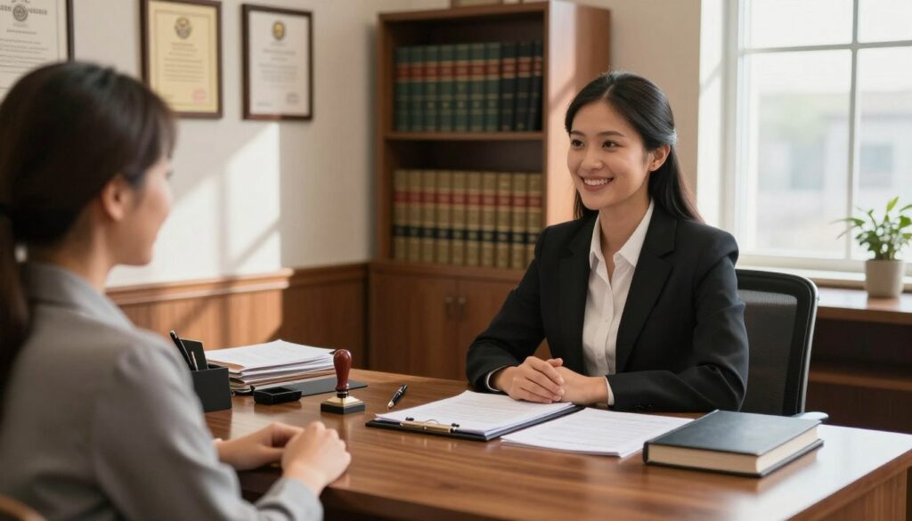 A professional and inviting notary office interior, featuring a polished wooden desk adorned with essential notarial tools such as a seal, ink pen, and legal documents. In the foreground, a smiling notary in formal business attire, engaging with a client across the desk. The middle ground showcases bookshelves filled with law books and certificates displayed on the walls, emphasizing trust and professionalism. The background reveals large windows allowing natural light to flood the room, casting soft shadows that create a warm atmosphere. The color palette consists of earthy tones, promoting a sense of reliability and importance. The overall mood is professional, welcoming, and serene, fitting for a notary public's services.