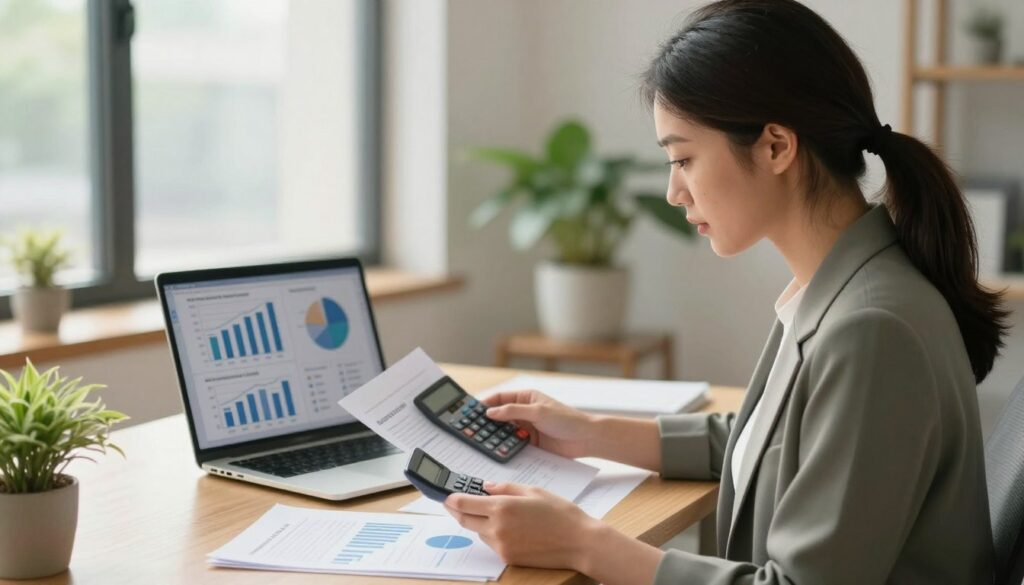 A professional and serene office environment depicting a young working mother reviewing documents related to parental leave contributions. In the foreground, the woman, dressed in smart casual attire, holds a calculator and examines financial papers on a desk. In the middle ground, a laptop displays charts and graphs illustrating contributions and benefits. The background features soft, natural light streaming through large windows, casting a warm glow on the room. Potted plants add a touch of greenery, enhancing the atmosphere of productivity and focus. The overall mood is one of determination and balance, capturing the essence of managing work and family responsibilities during parental leave.