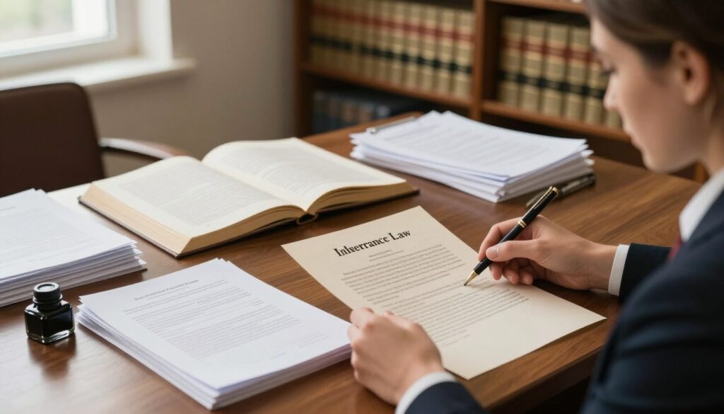 A professional notary's office, featuring a wooden desk with a stack of legal documents, a vintage pen, and a classic inkwell, symbolizing the formalities of inheritance. In the foreground, a focused notary, wearing business attire, reviews a will with a serious expression. The middle layer shows a table with opened legal books titled "Inheritance Law" and various official papers scattered around, emphasizing requirements and restrictions. The background displays bookshelves lined with legal texts and documents, all softly illuminated by warm, natural light coming from a window, creating a calm and serious atmosphere. The entire scene is well-composed, using a slightly elevated angle to capture the essence of legal proceedings in a notary's office. A professional notary's office, featuring a wooden desk with a stack of legal documents, a vintage pen, and a classic inkwell, symbolizing the formalities of inheritance. In the foreground, a focused notary, wearing business attire, reviews a will with a serious expression. The middle layer shows a table with opened legal books titled "Inheritance Law" and various official papers scattered around, emphasizing requirements and restrictions. The background displays bookshelves lined with legal texts and documents, all softly illuminated by warm, natural light coming from a window, creating a calm and serious atmosphere. The entire scene is well-composed, using a slightly elevated angle to capture the essence of legal proceedings in a notary's office.