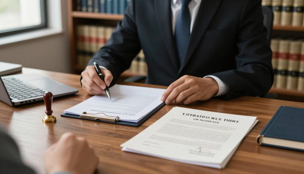 A professional notary's office setting, featuring a wooden desk with legal documents spread across it, including a prominent will and a certificate of inheritance. In the foreground, a carefully arranged pen and a seal of approval sit beside the documents, symbolizing the official process. In the middle ground, a notary public, dressed in formal business attire, attentively reviews a client’s paperwork, conveying a sense of authority and expertise. The background showcases bookshelves filled with law books, hinting at the depth of legal knowledge required for inheritance procedures. Soft, warm lighting filters through a window, creating an inviting atmosphere that emphasizes professionalism and trust. The image captures the solemnity and importance of the inheritance certification process. A professional notary's office setting, featuring a wooden desk with legal documents spread across it, including a prominent will and a certificate of inheritance. In the foreground, a carefully arranged pen and a seal of approval sit beside the documents, symbolizing the official process. In the middle ground, a notary public, dressed in formal business attire, attentively reviews a client’s paperwork, conveying a sense of authority and expertise. The background showcases bookshelves filled with law books, hinting at the depth of legal knowledge required for inheritance procedures. Soft, warm lighting filters through a window, creating an inviting atmosphere that emphasizes professionalism and trust. The image captures the solemnity and importance of the inheritance certification process.