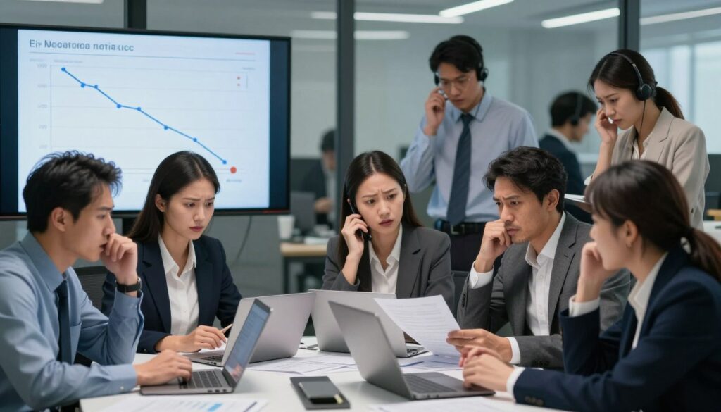 A professional office environment depicting the impact of a service outage on customer satisfaction. In the foreground, a group of diverse, business-attired individuals, including men and women of various ethnicities, anxiously discussing around a conference table cluttered with documents and laptops. Their expressions reflect concern and urgency. In the middle ground, a large screen displays a graph showing declining customer service metrics, while a call center can be seen in the background with workers wearing headsets, appearing busy and stressed. The lighting is bright yet slightly harsh, casting shadows that emphasize the seriousness of the situation. The mood is tense, capturing the urgency and seriousness of service disruptions impacting customers. A professional office environment depicting the impact of a service outage on customer satisfaction. In the foreground, a group of diverse, business-attired individuals, including men and women of various ethnicities, anxiously discussing around a conference table cluttered with documents and laptops. Their expressions reflect concern and urgency. In the middle ground, a large screen displays a graph showing declining customer service metrics, while a call center can be seen in the background with workers wearing headsets, appearing busy and stressed. The lighting is bright yet slightly harsh, casting shadows that emphasize the seriousness of the situation. The mood is tense, capturing the urgency and seriousness of service disruptions impacting customers.