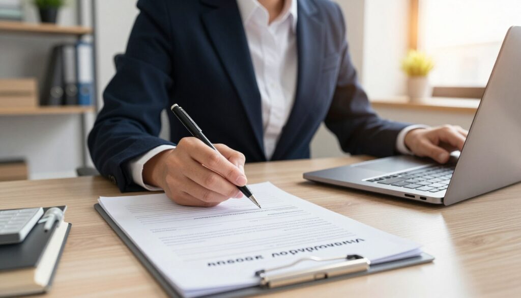 A professional office environment featuring a person (wearing smart business attire) seated at a desk, filling out a "wniosek urlop wychowawczy" form. The foreground shows a close-up of neatly organized paperwork, including the form prominently displayed, a pen poised for writing, and a laptop reflecting soft ambient lighting. In the middle, the individual is focused and engaged, capturing the seriousness of the process. The background depicts a tidy office space with shelves of books, potted plants, and a window letting in warm sunlight, creating a productive and inviting atmosphere. The overall mood is diligent and formal, emphasizing the importance of the procedure. Lighting is bright yet soft, highlighting the subject without harsh shadows.