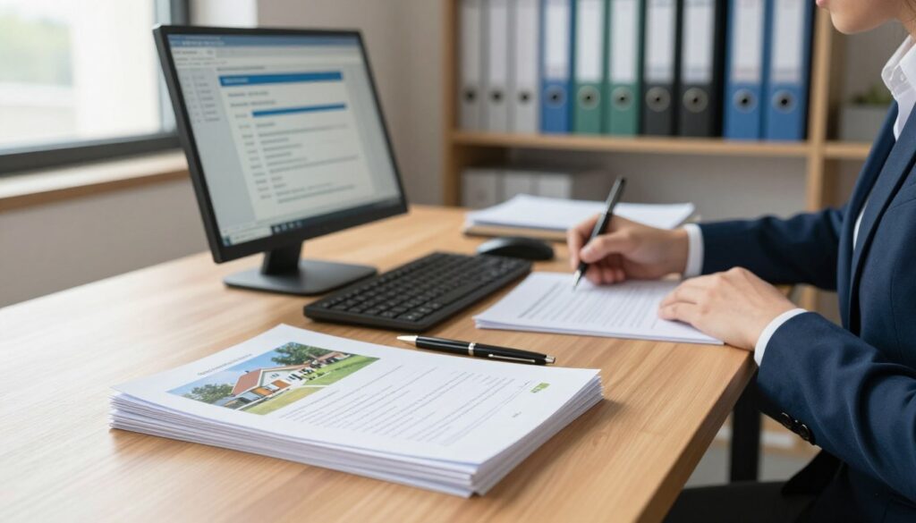 A professional office scene focused on the process of documenting donations, with a clear focus on an elegant wooden desk. In the foreground, neatly stacked papers with images of housing and land donations, accompanied by a stylish pen. The middle ground features a computer screen displaying a digital form for donation registration. To the right, a person in business attire, engaged in writing and organizing documents, exuding a sense of seriousness and professionalism. The background consists of shelves filled with neatly organized binders and files, suggesting a well-ordered workspace. Soft, natural lighting streaming from a window enhances the welcoming atmosphere, creating a mood of diligence and efficiency. The image is captured at eye level, adding to the relatability and clarity of the scene.