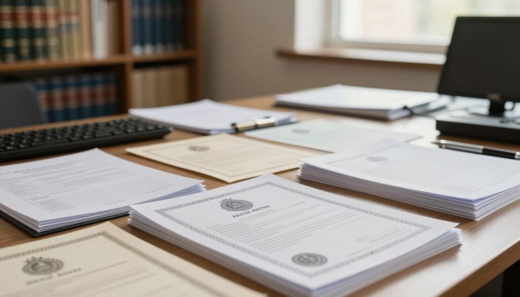 A professional office scene with a focus on a table displaying various forms of death certificates in different styles and formats. In the foreground, a neatly arranged stack of official documents, one prominently featuring a decorative border and an official stamp. In the middle, a softly lit desk with a computer, some pens, and an open file folder. The background shows a blurred bookshelf filled with legal books and a window allowing warm, natural light to filter in. The mood is calm and informative, portraying a sense of professionalism and clarity. Use a wide lens angle to capture the entire scene, with a warm color palette that enhances the inviting atmosphere. No humans are present in the image.