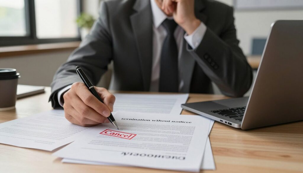 A professional office setting depicting a thoughtful individual, a middle-aged person in business attire, sitting at a desk cluttered with legal documents and a laptop. The foreground features a close-up of a hand holding a pen, poised over a contract with a red "Cancel" stamp clearly visible. In the middle, the desk is filled with paperwork related to contract termination, highlighting the theme of "termination without notice." The background shows an organized office with soft lighting filtering through a window, casting gentle shadows. The atmosphere is serious and contemplative, evoking the weight of contractual decisions and their implications. Use a warm color palette for a focused, professional feel, captured from a slightly elevated angle to emphasize the documents.