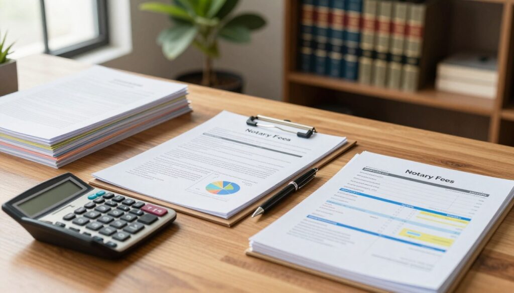 A professional office setting featuring a wooden desk with neatly organized legal documents related to notarial acts. In the foreground, a close-up of a calculator and a pen, indicating financial calculations, sits next to a stack of colorful invoices labeled "Notary Fees." In the middle, a partially open folder reveals detailed information about notarial costs, adorned with charts and graphs illustrating various expenses. The background showcases a bookshelf filled with legal textbooks and a potted plant, adding a touch of life to the environment. Soft, natural light streams in from a window, creating a warm and inviting atmosphere. Capture this scene from a slightly elevated angle to emphasize the desk's contents, while conveying a sense of professionalism and clarity.