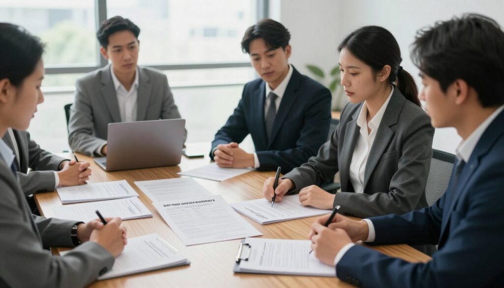 A professional office setting focused on the process of obtaining a death certificate. In the foreground, a diverse group of people, dressed in professional business attire, are gathered around a wooden conference table covered with documents, a pen, and a laptop. They are engaged in a serious discussion about the necessary steps for obtaining the certificate. In the middle ground, various legal documents and forms are neatly arranged, including a sample death certificate with details visible but not the actual content. In the background, a bright office with large windows allows natural light to illuminate the scene, creating a calm and respectful atmosphere. The angle captures both the participants and the documents, emphasizing the importance of the procedure. Soft lighting enhances the serious yet professional mood.