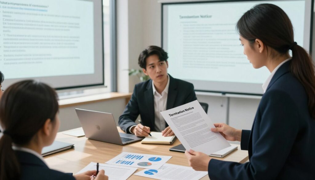 A professional office setting with a diverse group of businesspeople engaged in a discussion about employment contract termination. In the foreground, a well-dressed woman holds a document labeled "Termination Notice" and points towards a projector screen displaying key legal aspects, like timelines and consequences of termination. In the middle ground, a focused man takes notes, surrounded by a laptop and business charts. The background features a large window allowing natural light to stream in, casting soft shadows. The atmosphere is serious yet collaborative, with a warm color palette to evoke professionalism and clarity. Shot with a slightly elevated angle, aimed to capture the interaction between the team while highlighting relevant visual documents and tools.