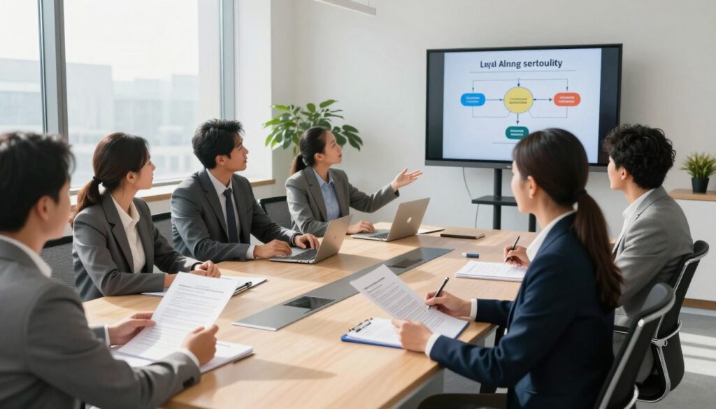 A professional office setting with a diverse group of individuals engaged in a collaborative discussion about legal entity formation. In the foreground, a confident woman in business attire holds a document, while a man gestures towards a digital presentation on a sleek screen showcasing diagrams of the legal process. In the middle, a large conference table is surrounded by professionals of various ethnic backgrounds, reviewing paperwork and legal forms. The background features large windows with natural light streaming in, casting soft shadows across the room, creating a bright and productive atmosphere. The overall mood is one of teamwork and focus, emphasizing the importance of the legal personality acquisition process. Use a wide-angle lens for a dynamic perspective, capturing the essence of formal discussions.