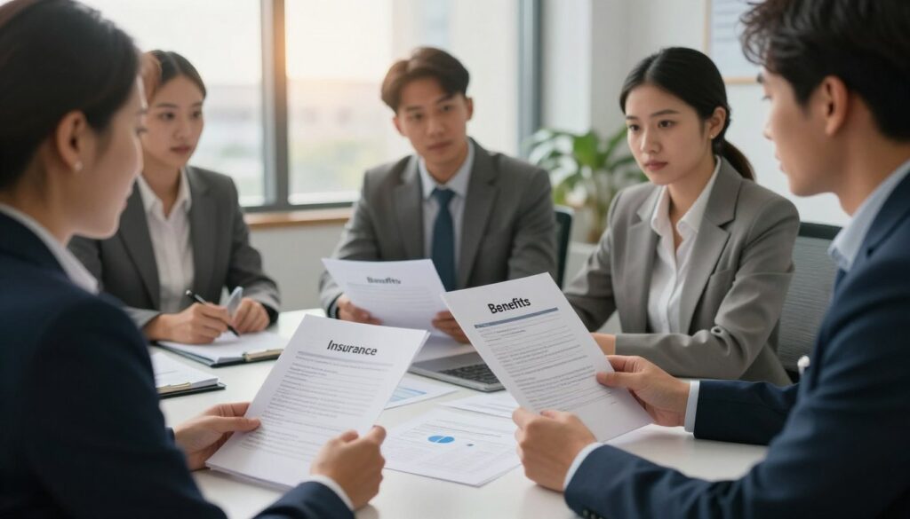A professional office setting, with a foreground showing a diverse group of individuals in smart business attire, engaging in conversation. One person holds a stack of papers labeled "Benefits" and "Insurance," while another points to a chart illustrating the risks of working without contracts. In the middle, a desk cluttered with documents about welfare benefits, insurance forms, and tax information creates a sense of urgency. The background features a window with cityscape views, bathed in warm afternoon light, symbolizing hope. The atmosphere is serious yet thoughtful, reflecting the weight of the topic. The composition focuses on collaboration and concern for financial security, captured with a slightly blurred effect to emphasize the importance of the foreground discussion.