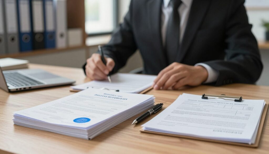 A professional office setting with a warm and inviting atmosphere, showcasing a wooden desk cluttered with official documents. In the foreground, a neatly arranged stack of birth certificate copies, each with a vibrant blue seal indicating authenticity. Beside it, a pen and an invoice slip detailing the fees for obtaining a document copy. In the middle ground, a blurred silhouette of a person in business attire, potentially engaging in a discussion over the paperwork. The background features shelves filled with organized files and certificates on the wall, under soft, natural lighting coming through a window, creating a sense of order and professionalism. The mood is focused and serious, reflecting the importance of legal documentation and compliance.