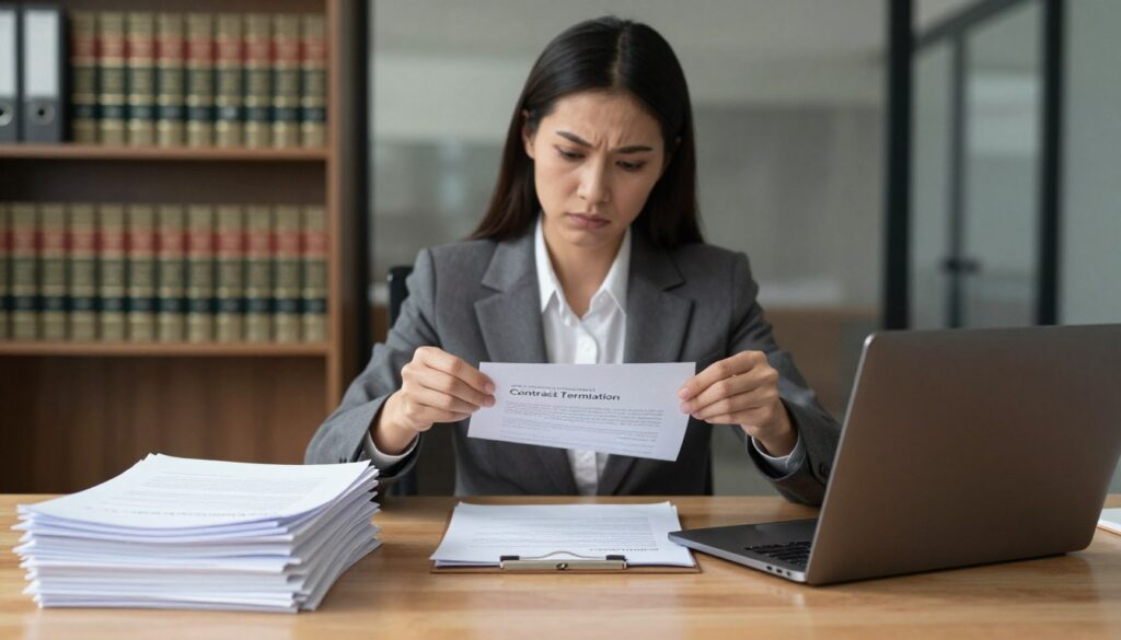 A professional office setting with a wooden desk in the foreground, featuring a neatly stacked pile of documents labeled "Contract Termination" and a sleek laptop open to a digital contract interface. In the middle ground, a focused businesswoman in a tailored suit is tearing a contract in half, reflecting a sense of urgency and decisiveness, with her serious expression conveying the weight of the situation. The background includes shelves filled with legal books and a glass window showing a cloudy sky, hinting at the emotional intensity of the moment. Soft, natural light pours through the window, creating an atmosphere of professionalism and somber reflection, while maintaining a clean and organized appearance. The scene is composed at eye level to enhance engagement.