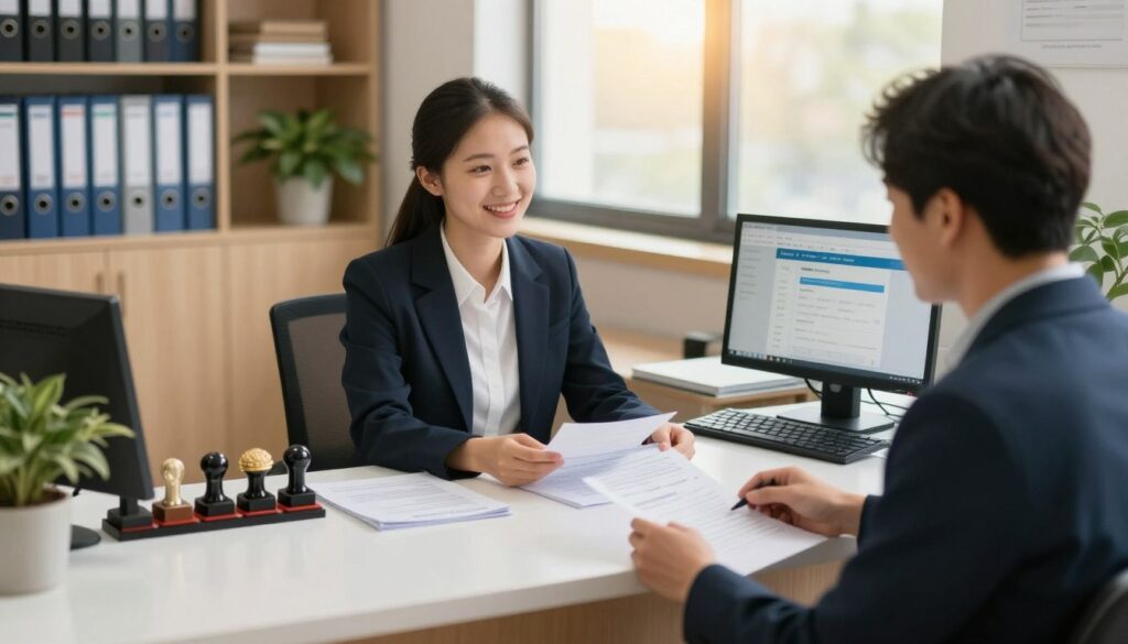 A professional office within a civil registry office, showcasing the process of obtaining official documents. In the foreground, a friendly clerk in smart business attire interacts with a client, both appearing engaged in conversation while reviewing paperwork. The middle layer features a sleek reception desk with essential documents and official stamps neatly organized, alongside a computer displaying a visual representation of online registration options. The background includes shelves with neatly arranged binders, a large window letting in warm, natural light, and decorative plants. The atmosphere is calm and welcoming, emphasizing professionalism and efficiency. Use soft, even lighting to create an inviting environment, captured from a slightly elevated angle to provide depth to the scene.