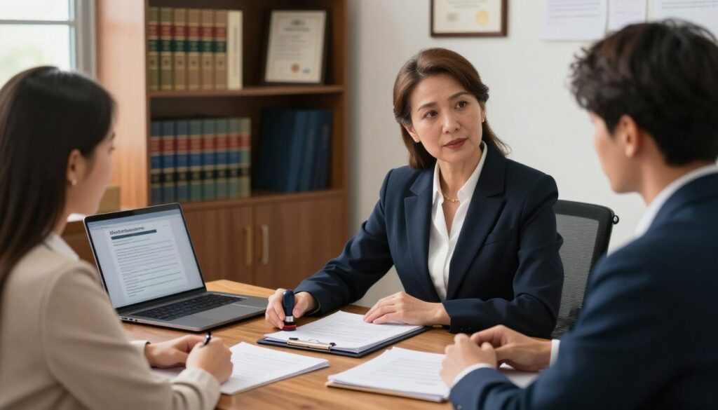 A professional setting depicting a notary office, featuring a wooden desk cluttered with legal documents, a notary seal, and a laptop open to a legal framework presentation. In the foreground, a confident, middle-aged female notary, dressed in a smart business suit, sits at the desk, attentively advising a young couple across the table. The couple, dressed in professional attire, looks engaged and thoughtful as they discuss important matters. In the background, shelves filled with legal books and framed certificates create an atmosphere of expertise and trust. Soft, warm lighting from a nearby window enhances the welcoming environment, while a shallow depth of field focuses on the notary and her clients, conveying a mood of support and professional guidance.