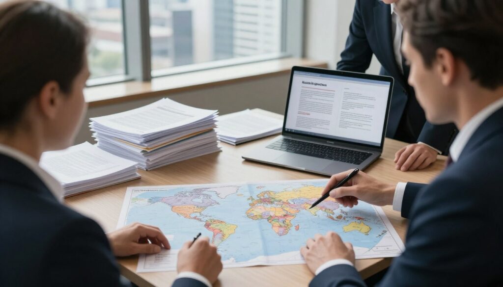 A professional setting depicting the concept of ratified international agreements in Poland. In the foreground, a diverse group of three professionals in business attire discussing and examining a large world map with highlighted countries to symbolize international treaties. In the middle ground, stacks of legal documents and a laptop displaying international laws and agreements. The background features a large, elegant window showing a city skyline, indicating a modern legal environment. Soft, natural lighting streams in, creating a serious yet collaborative mood. The angle is from slightly above, capturing both the professionals and the documents in a focused perspective, emphasizing the theme of international law.