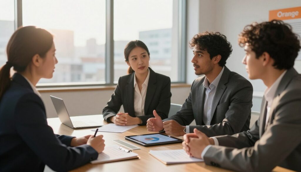 A professional setting depicting the negotiation process for extending a contract with a telecommunications company, with a focus on Orange. In the foreground, a diverse group of three business professionals, two men and one woman, are seated at a modern conference table, engaged in a discussion. They are dressed in smart business attire, showing a mix of enthusiasm and concentration. In the middle, there are documents and tablets with charts visible on the table, suggesting discussions of terms. In the background, a large window reveals a cityscape, symbolizing connectivity. The lighting is warm and inviting, with a slight sunlight glow illuminating the room. The composition captures a sense of collaboration and professionalism, reflecting the mood of constructive negotiation.
