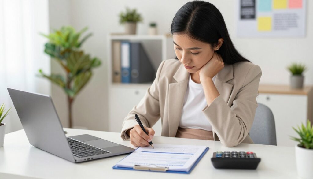 A professional woman in business attire, sitting at a modern desk, focused on filling out a maternity leave application form. The foreground features a laptop with documents and a calculator, symbolizing financial calculations related to maternity benefits. In the middle, emphasize the woman’s concentration, with her hand poised over the papers and a thoughtful expression. The background includes a well-lit office space, adorned with plants and motivational posters, creating a warm yet professional atmosphere. Soft, natural lighting enhances the scene, suggesting a bright, productive day. The composition should evoke a sense of planning and determination, encapsulating the importance of the maternity leave application process.