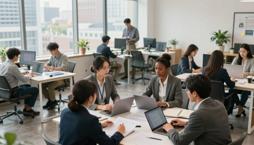 A professional workspace depicting alternative forms of employment that comply with the law. In the foreground, a diverse group of professionals in business attire, discussing ideas around a table scattered with documents and laptops. The middle ground features a variety of workspaces, showcasing flexible job arrangements such as remote work setups, coworking spaces, and freelance interactions. In the background, large windows reveal a bustling cityscape under soft, natural lighting, creating a productive yet relaxed atmosphere. The scene conveys collaboration, innovation, and the evolving nature of work, with a warm color palette that fosters a sense of optimism and professionalism. Capture this from a slightly elevated angle to encompass the entire dynamic environment.