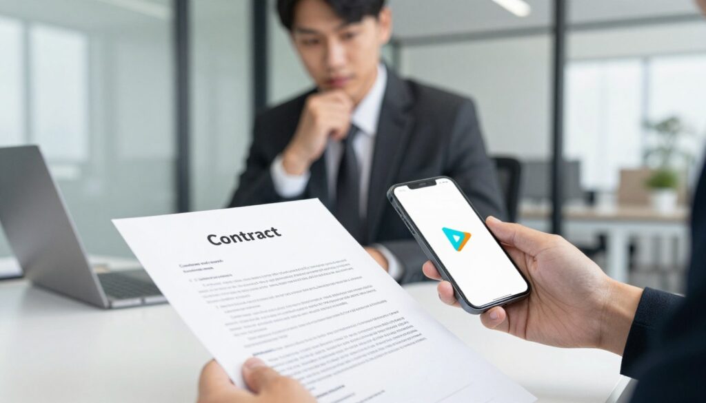 A professional workspace scene depicting a person in business attire seated at a desk, reviewing a contract with a mobile device displaying the Play logo. In the foreground, focus on the contract with clear details of terms and conditions highlighted. The middle layer features the individual, a young adult, intently studying the document, with a thoughtful expression and hand on chin. The background shows a modern office environment with soft, natural light filtering through large windows, reflecting a calm and focused atmosphere. Use a slightly elevated angle to capture the scene, emphasizing the importance of checking contracts. The mood should convey diligence and professionalism, suitable for discussing service contracts.