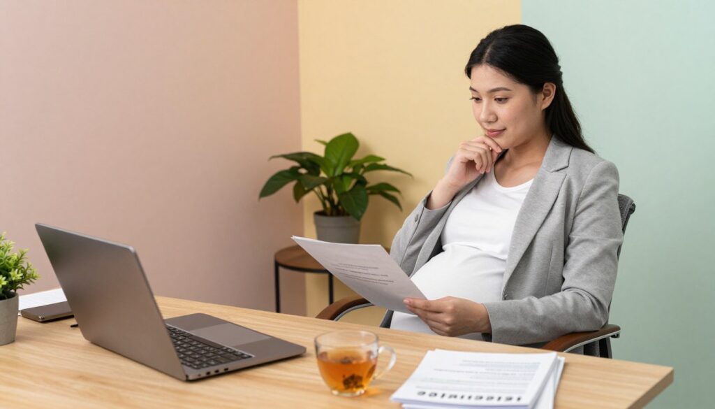 A serene office environment designed for expectant mothers, featuring a cozy corner with a comfortable chair and a wooden desk. In the foreground, an organized workspace with a laptop, a cup of herbal tea, and neatly arranged maternity brochures about parental leave. In the middle, a warm light illuminating an expectant mother dressed in professional business attire, sitting and thoughtfully reviewing her documents, showcasing a sense of calm and anticipation. To the background, soft pastel colors on the walls, and a potted plant adding freshness to the scene. The overall atmosphere is one of support and tranquility, reflecting the important transition of maternity leave. The lighting is soft and natural, enhancing a sense of comfort and professionalism.
