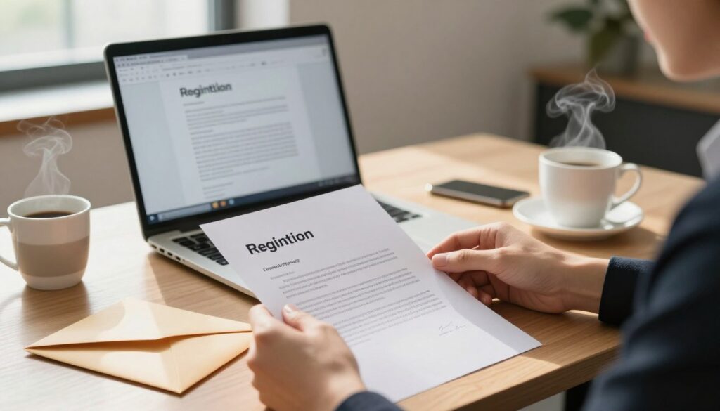 A serene office environment showcasing a well-organized desk. In the foreground, a person's hands, dressed in professional attire, are meticulously preparing a formal resignation letter on high-quality paper. The letter features clear writing and a neatly folded envelope nearby. In the middle ground, a laptop displaying a PDF document of the resignation template is open, with a coffee cup beside it, emitting steam in the soft morning light. The background shows a window with natural light streaming in, illuminating the room and casting gentle shadows. The overall atmosphere is one of professionalism and focus, emphasizing clarity and diligence in the task of drafting formal correspondence. A serene office environment showcasing a well-organized desk. In the foreground, a person's hands, dressed in professional attire, are meticulously preparing a formal resignation letter on high-quality paper. The letter features clear writing and a neatly folded envelope nearby. In the middle ground, a laptop displaying a PDF document of the resignation template is open, with a coffee cup beside it, emitting steam in the soft morning light. The background shows a window with natural light streaming in, illuminating the room and casting gentle shadows. The overall atmosphere is one of professionalism and focus, emphasizing clarity and diligence in the task of drafting formal correspondence.