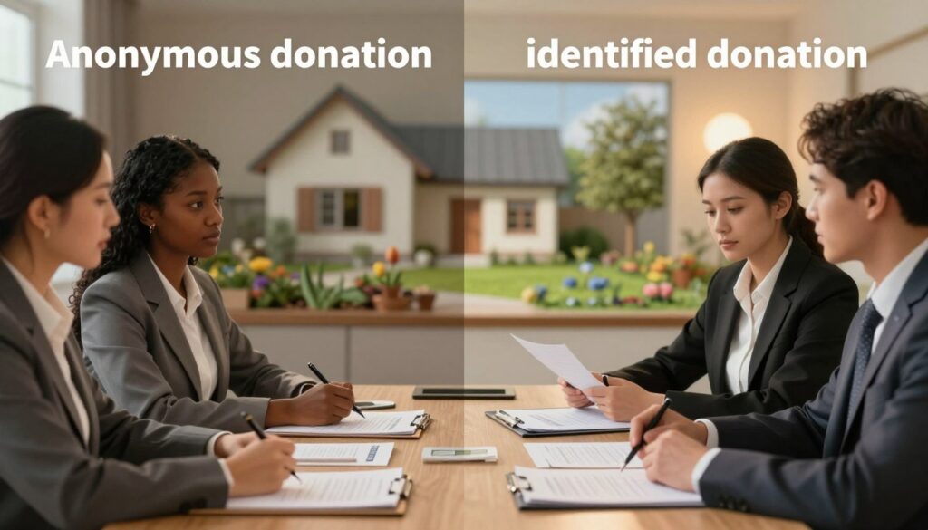 A split scene depicting "anonymous donation" on the left and "identified donation" on the right. In the foreground, a diverse group of people in professional business attire discussing over a table filled with paperwork and contracts, symbolizing the concept of an identified donation. The middle section features a blurred image of a cozy home and a plot of land, showing a house and garden, representing the assets being donated. The background has soft lighting with a warm, inviting atmosphere, focusing on the contrast between anonymity (represented by shadows) and identification (highlighted by spotlights on faces). Capture an informative yet approachable mood, emphasizing the complexities of property donation.