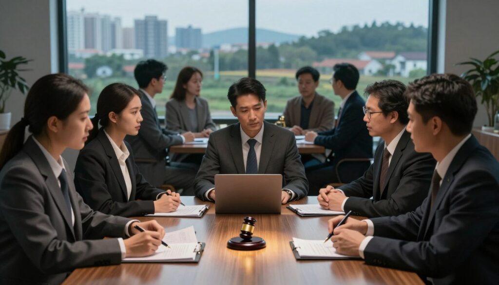 A split scene illustrating the differences between full and limited legal personality. In the foreground, a distinguished business meeting taking place, with individuals in professional attire discussing legal documents, representing full legal personality. The middle ground showcases a contrasting scene with a small community gathering, where individuals engage in informal discussions, symbolizing limited legal personality. The background features a balanced blend of urban and rural landscapes to signify the diverse contexts of legal personalities. Dramatic lighting highlights the two groups distinctly, with soft golden light illuminating the business meeting and cooler tones bathing the community scene, evoking a sense of contrast. The overall atmosphere is informative and contemplative, aimed at enhancing the viewer's understanding of legal personalities without text or distractions.