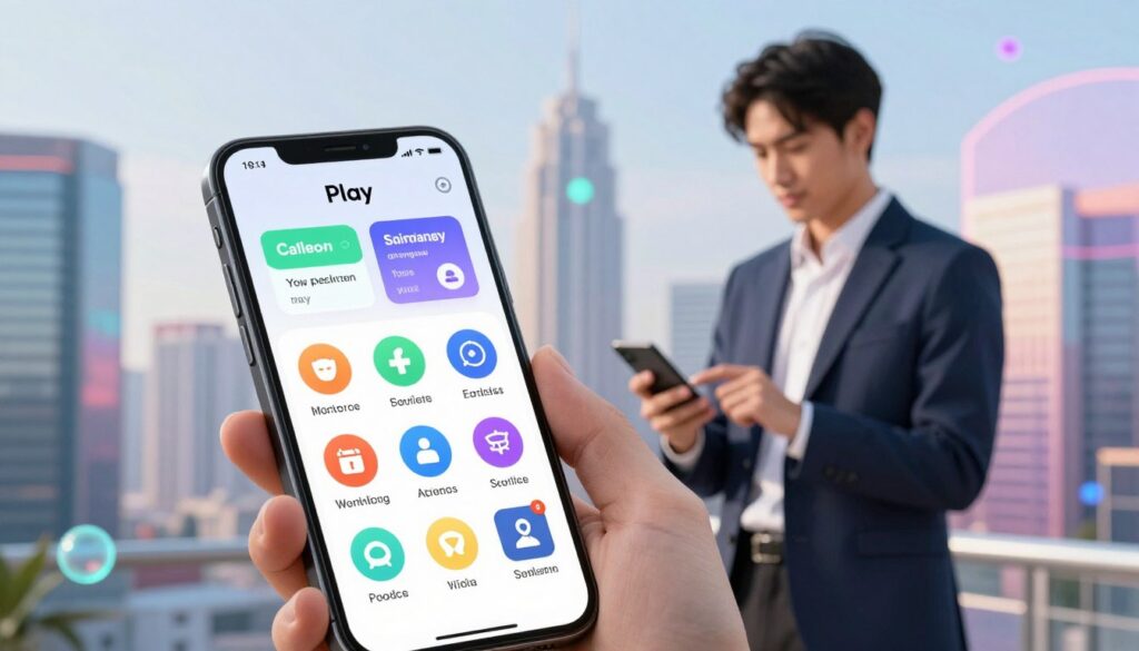 A vibrant and modern digital landscape showcasing the diverse offerings and services of Play. In the foreground, a sleek smartphone displaying various app icons representing mobile services, data plans, and entertainment options. The middle ground features a professional individual in smart business attire, engaging with the smartphone, conveying a sense of service and connectivity. The background displays a dynamic city skyline with abstract digital elements suggesting technology and innovation, bathed in soft but bright lighting that creates a lively atmosphere. The overall mood is energetic and forward-thinking, emphasizing the modern and customer-focused nature of Play's offerings. No text, watermarks, or other overlays included.
