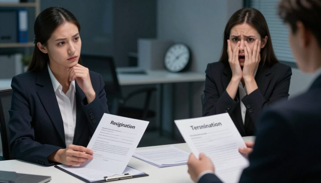 A visual representation of the differences between resignation and immediate termination in a professional context. In the foreground, depict a split scene: on one side, a business person in smart business attire formally submitting a resignation letter, with a look of contemplation; on the opposite side, another professional, also in business attire, is receiving a notification of immediate termination, showing surprise and concern. The middle ground features an office setting with a desk, papers, and a clock indicating time passing. In the background, dim lighting creates a serious and impactful atmosphere. The angle captures both characters from a slight high perspective, emphasizing the contrasting emotions of the two situations.